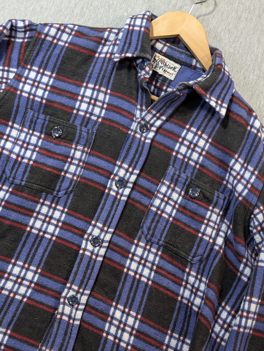 Vintage Champion Heavy Flannel Plaid Shirt Men's Large Black Blue 100% Cotton